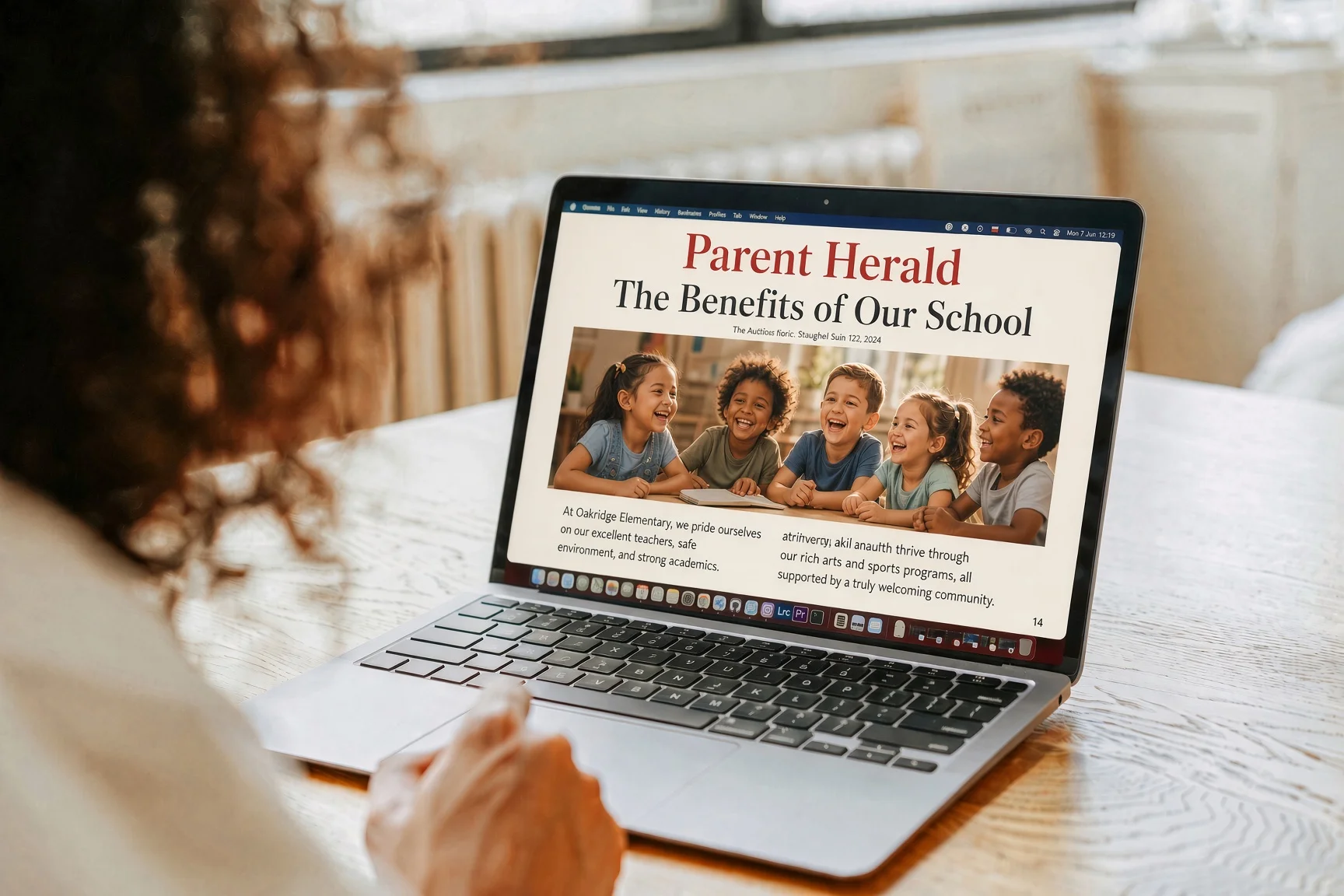A parent viewing a Parent Herald school feature on a laptop
